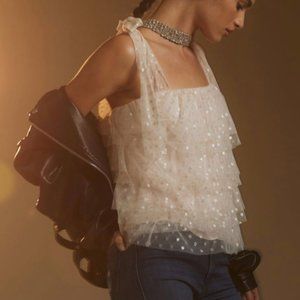 NWT Maeve by Anthropologie Sleeveless Top in XL, Tiered Ivory Tulle with Silver